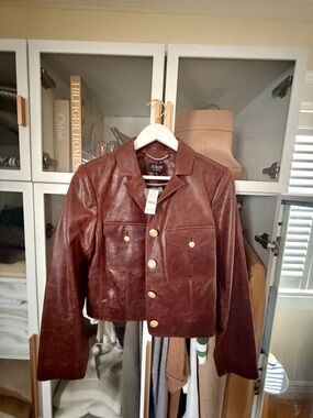 J. Crew Chestnut Leather Cropped Button Jacket